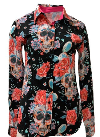 A Printed Fitted Button Down - Black Sugar Skulls
