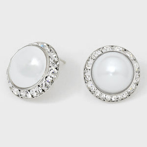 White Pearl & Crystal Stud Earrings