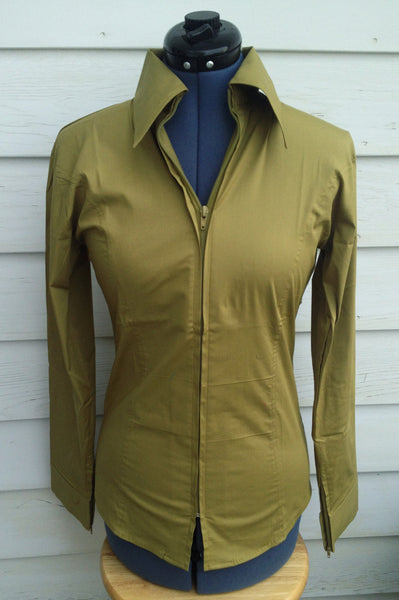 Ladies Zip Up Fitted Show Shirt - Olive Green