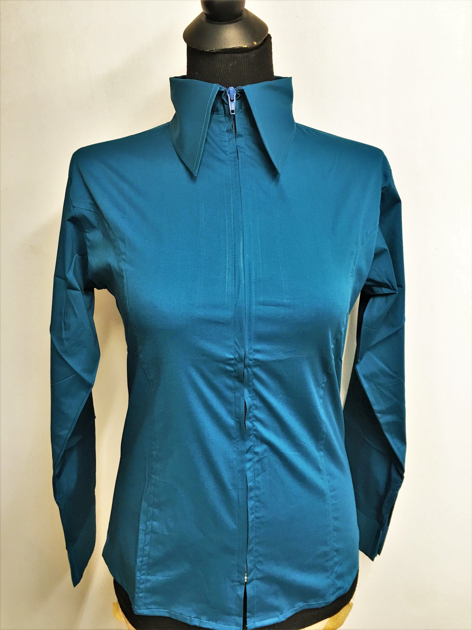 Ladies Zip Up Fitted Show Shirt - Lagoon Blue