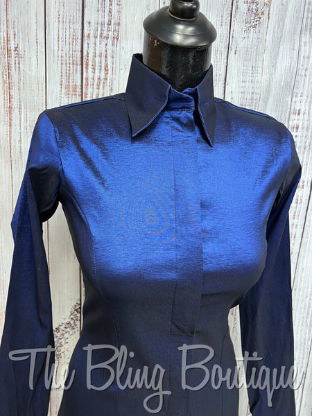 Fitted Taffeta Zip Up Shirt - Navy Blue
