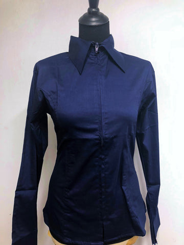 Ladies Zip Up Fitted Show Shirt - Navy Blue