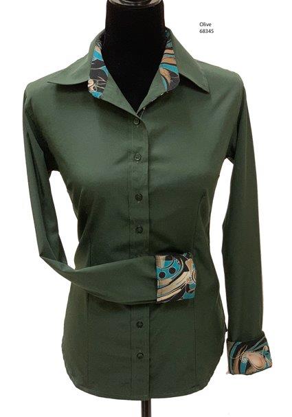 Ladies Button Up Shirt With Accent Collar & Cuffs - Olive Green