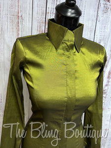 Fitted Taffeta Zip Up Shirt - Light Olive Green